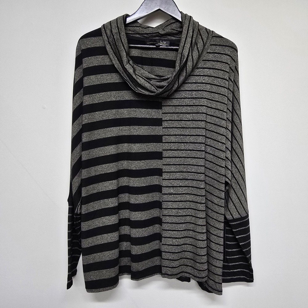 Liv by Habitat Cowl Neck Top Womens XL Gray Black Mixed Stripe Artsy Tunic